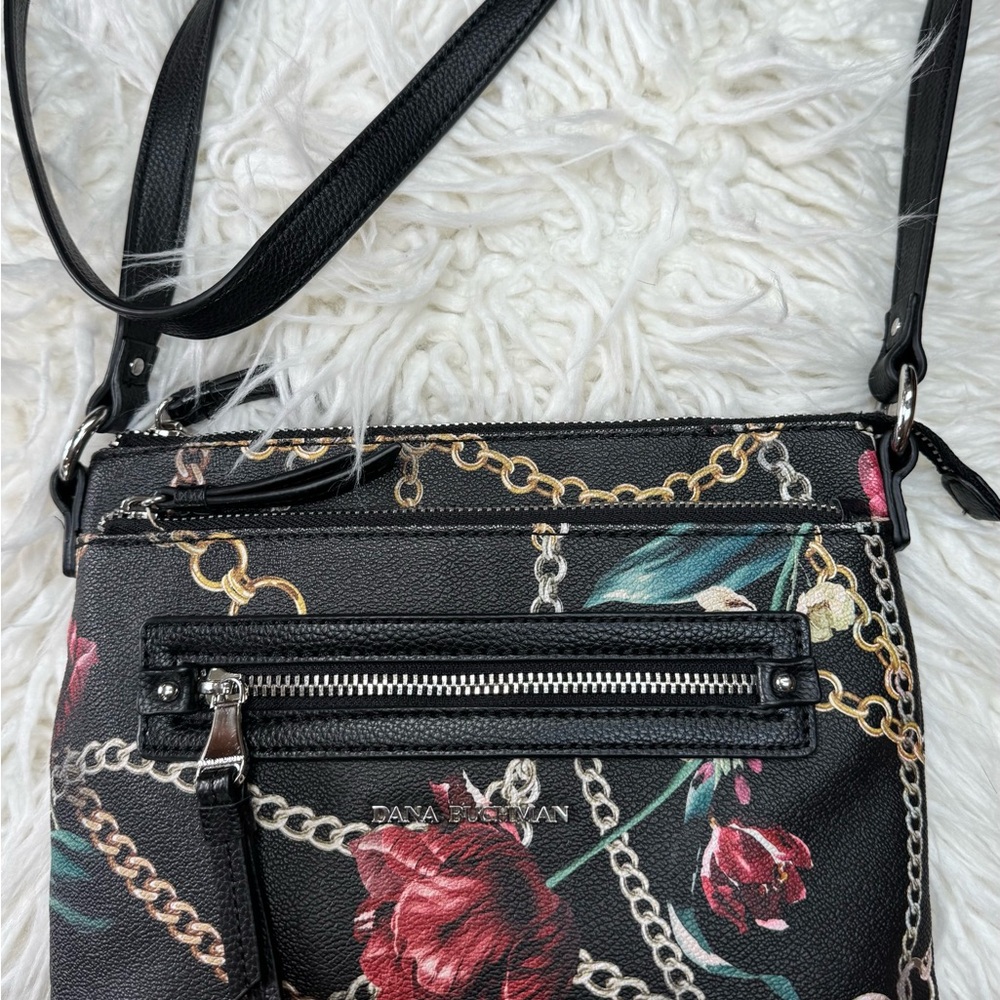 Dana Buchman Black & Red Floral Crossbody Handbag with Chain Strap - Picture 2 of 14